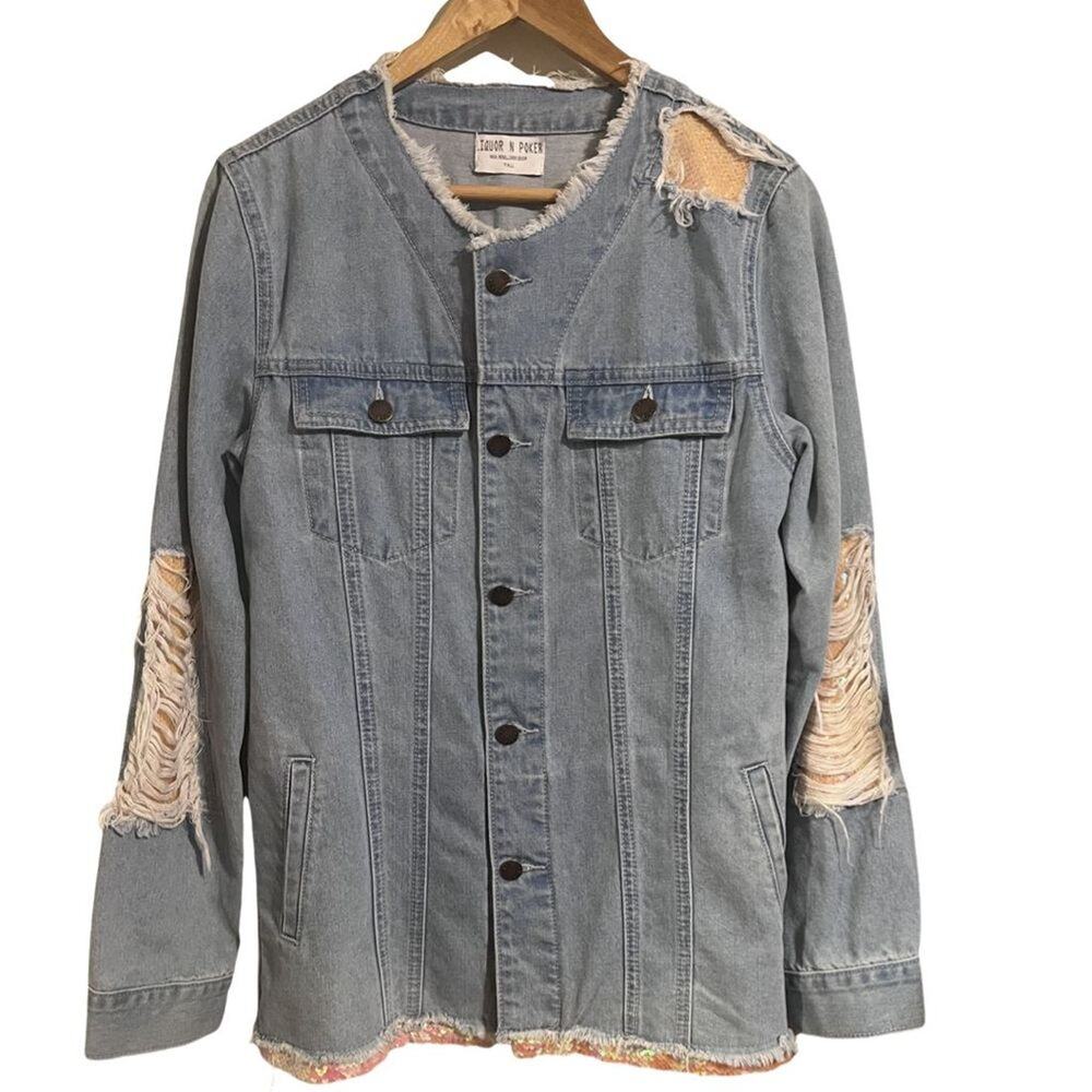Liquor N Poker Tall Women's Blue Denim Jacket Size 8 Patch Frayed Detail